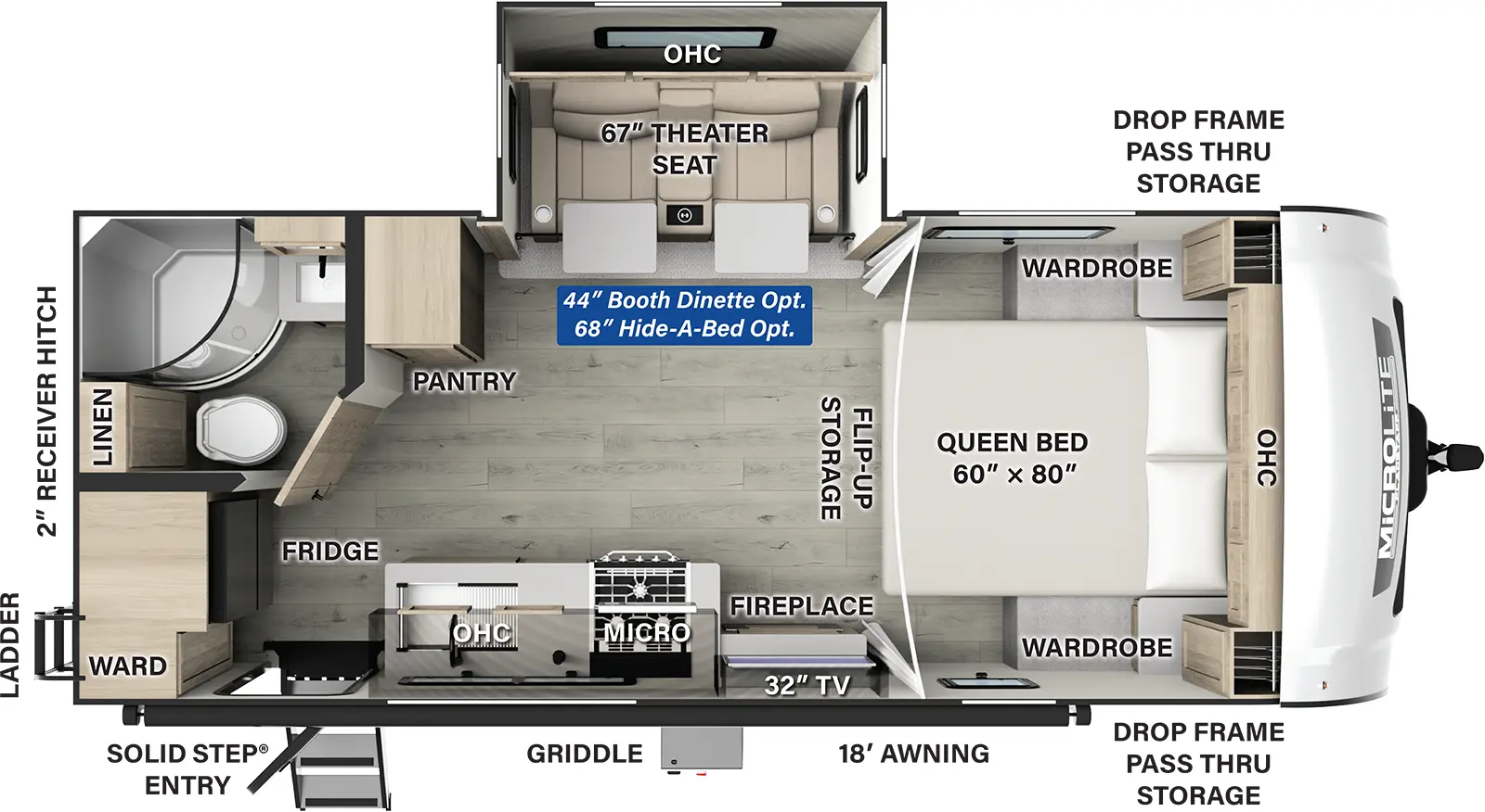 The Flagstaff Micro Lite 22FBS has one entry and one slide out. Exterior features include: fiberglass exterior and 18' awning. Interiors features include: front bedroom.